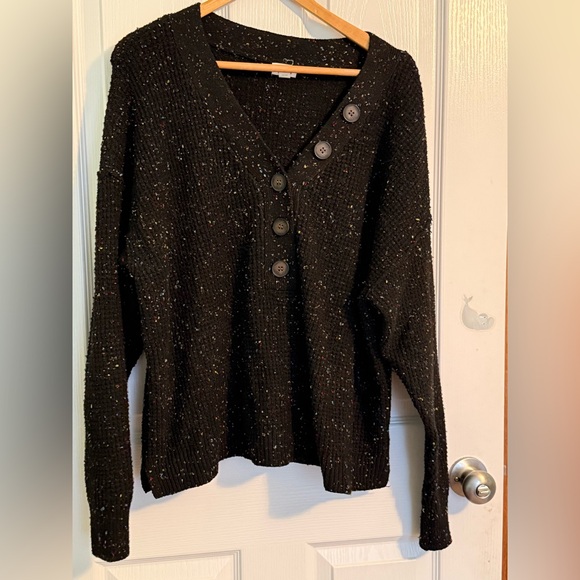 ana Black Henley Sweater With Colorful Flecks Large - Picture 1 of 6